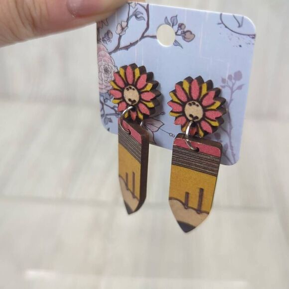 Handmade Womens Floral Pencil Pierced Earrings Yellow Pink Teachers Gift 2.5" - Picture 4 of 5